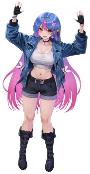 Rule 34 | 1girl, arms up, belt, bing hayu, black boots, black choker, black gloves, black shorts, blue eyes, blue jacket, boots, breasts, choker, cleavage, collarbone, crop top, eruthu, fingerless gloves, full body, gloves, gradient hair, highres, jacket, knee boots, large breasts, long hair, long sleeves, looking at viewer, luvdia, midriff, motor vehicle, motorcycle, multicolored hair, navel, open clothes, open jacket, open mouth, pink hair, red eyes, shirt, short shorts, shorts, simple background, smile, solo, standing, stomach, sweatdrop, taut clothes, taut shirt, thighs, two-tone hair, very long hair, virtual youtuber, white background, white shirt