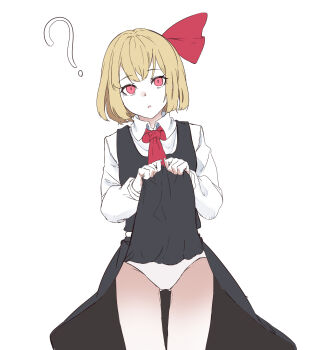 1girl :o ? ascot black_skirt black_vest blonde_hair clothes_lift collared_shirt commentary_request expressionless hair_ribbon highres kanaria_(bcomn) long_sleeves looking_at_viewer medium_hair panties parted_lips red_ascot red_eyes ribbon rumia shirt skirt skirt_lift solo thighs touhou underwear vest white_background white_panties white_shirt