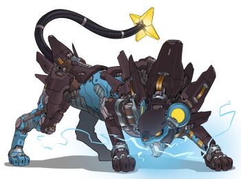 digitigrade electricity fangs full_body gen_4_pokemon gifer_art highres joints luxray mecha mecha_focus mechanical_tail mechanization multicolored_eyes nintendo no_humans non-humanoid_robot open_mouth orange_eyes piston pokemon pokemon_(creature) procreate_(medium) robot robot_joints science_fiction shadow simple_background solo tail white_background yellow_eyes