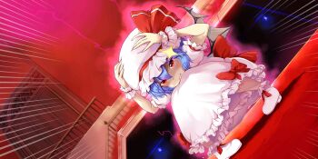 Rule 34 | 1girl, ascot, bat wings, blue hair, blush, charisma guard, commentary, covering head, cowering, door, embarrassed, english commentary, full body, game cg, hair between eyes, hands on headwear, hands on own head, hat, hat ribbon, highres, hiura r, indoors, mob cap, official art, open mouth, pink hat, pink shirt, pink skirt, puffy short sleeves, puffy sleeves, red ascot, red eyes, red nails, red ribbon, remilia scarlet, ribbon, shirt, short hair, short sleeves, simple background, skirt, skirt set, solo, squatting, third-party source, touhou, touhou lostword, white background, wings, wrist cuffs