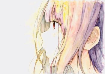 1girl absurdres bbmasa blunt_bangs commentary_request from_side hibike!_euphonium highres liz_to_aoi_tori long_hair portrait profile purple_hair red_eyes solo traditional_media yoroizuka_mizore