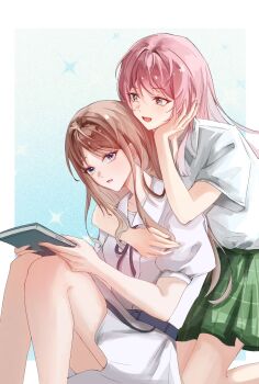 2girls arm_around_neck bang_dream! bang_dream!_it&#039;s_mygo!!!!! blue_background blue_eyes book brown_hair cassius_(pixiv_21496909) chihaya_anon chinese_commentary collared_shirt commentary_request dress fang gradient_background green_skirt grey_eyes haneoka_school_uniform highres holding holding_book hug hug_from_behind kneeling long_hair multiple_girls nagasaki_soyo open_mouth parted_lips pink_hair plaid_clothes plaid_skirt pleated_skirt school_uniform shirt skirt smile tsukinomori_school_uniform white_background white_dress white_shirt yuri