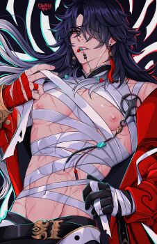 1boy bandages beads belt blade_(elation)_(honkai:_star_rail) blade_(honkai:_star_rail) blue_hair commentary double-parted_bangs english_commentary highres honkai:_star_rail honkai_(series) jacket jewelry kawaiilo_ren long_hair male_focus necklace nipples open_clothes open_jacket pectorals red_jacket scar tassel toned toned_male very_long_hair