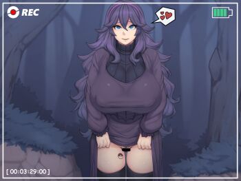 1girl @_@ alternate_breast_size_(larger) bar_censor battery_indicator black_thighhighs blue_eyes breasts censored clothes_lift commentary covered_erect_nipples dress dress_lift english_commentary eyelashes female_pubic_hair forest framed hair_between_eyes hairband heart hex_maniac_(pokemon) hex_maniac_(pokemon_xy) highres huge_breasts lifting_own_clothes long_hair long_sleeves looking_at_viewer metal_owl_(aden12) nature night nintendo outdoors parted_lips pokemon pokemon_xy pubic_hair purple_hair purple_hairband raised_eyebrows recording solo spoken_heart tattoo thighhighs tree viewfinder