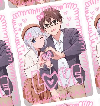 1boy 1girl absurdres ashida_mamoru black_jacket blazer blue_eyes braid braided_ponytail brown_eyes brown_hair brown_hat brown_skirt closed_mouth collared_shirt english_text glasses gotokuayashi hat heart heart_(symbol) high-waist_skirt highres jacket long_hair long_sleeves looking_at_viewer mashiro_madoka miniskirt neckerchief official_art one_eye_closed open_mouth pants photo_(object) pleated_skirt red_neckerchief sensei_ore_ni_kamawazu_itte_kudasai!! shirt short_hair skirt smile white_shirt wink