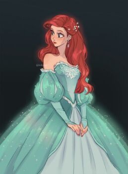 1girl aqua_dress ariel_(disney) bare_shoulders black_background blue_eyes breasts cowboy_shot detached_sleeves dress earrings hair_over_shoulder highres itslopezz jewelry juliet_sleeves long_dress long_hair long_sleeves looking_to_the_side medium_breasts own_hands_together puffy_sleeves red_hair solo swept_bangs the_little_mermaid_(disney) twitter_username wavy_hair