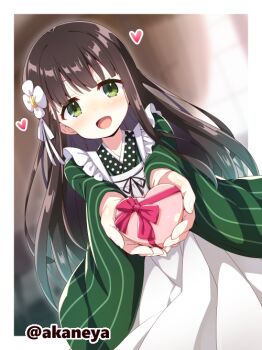 Rule 34 | 1girl, :d, akaneya, apron, blunt bangs, blush, border, box, brown hair, commentary request, commission, cowboy shot, gochuumon wa usagi desu ka?, green eyes, green kimono, heart, heart-shaped box, holding, holding box, japanese clothes, kimono, long hair, long sleeves, looking at viewer, open mouth, outside border, pink ribbon, ribbon, skeb commission, smile, solo, striped clothes, striped kimono, twitter username, ujimatsu chiya, valentine, vertical-striped clothes, vertical-striped kimono, white apron, white border, wide sleeves