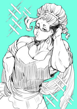 1boy absurdres bindi buddha_(shuumatsu_no_valkyrie) crown crown_hair_ornament crown_ornament ear_piercing earrings facial_mark fangs forehead_mark glasses greyscale greyscale_with_colored_background hair_bun half-closed_eyes hand_on_own_head hand_up highres jewelry long_hair looking_at_viewer loose_hair_strand male_focus monochrome multicolored_hair muscular muscular_male nanako_nuchitsu pectoral_cleavage pectorals piercing puffy_cheeks robe shuumatsu_no_valkyrie solo sparkle tank_top teeth toned toned_male upper_body