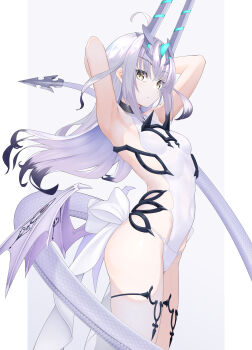 1girl absurdres armpits arms_behind_head arms_up bare_shoulders breasts dragon_horns dragon_tail dragon_wings fate/grand_order fate_(series) forked_eyebrows highres horns jewelry long_hair looking_at_viewer melusine_(fate) melusine_(swimsuit_ruler)_(fate) melusine_(swimsuit_ruler)_(second_ascension)_(fate) one-piece_swimsuit revision sideless_swimsuit sidelocks small_breasts solo swimsuit tail thighlet thighs white_hair white_one-piece_swimsuit wings yamachi_(xadp7533) yellow_eyes