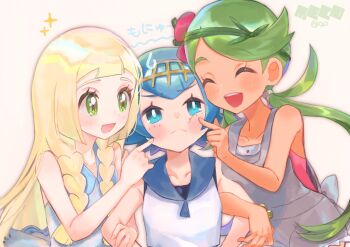 3girls :d abe_(kumayu) bare_arms blonde_hair blue_eyes blue_hair blush cheek_poking closed_eyes closed_mouth commentary_request dress eyelashes freckles green_eyes green_hair grey_overalls hairband hand_up heart highres lana_(pokemon) lillie_(pokemon) locked_arms long_hair mallow_(pokemon) multiple_girls nintendo open_mouth overalls pokemon pokemon_sm poking revision shirt short_hair sleeveless sleeveless_dress sleeveless_shirt smile sparkle swept_bangs teeth twintails upper_teeth_only white_dress white_shirt yellow_hairband
