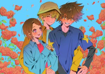 Rule 34 | 1girl, 2boys, :d, ^ ^, arm around waist, black sleeves, blue background, blue shirt, brother and sister, brown hair, brown hat, closed eyes, closed mouth, collared shirt, digimon, dress shirt, floral background, flower, hat, highres, layered sleeves, long sleeves, multiple boys, ojing oppa (o b s 00), open clothes, open mouth, open shirt, orange eyes, red eyes, red flower, red rose, rose, shirt, short hair, short over long sleeves, short sleeves, siblings, sleeves past wrists, smile, takaishi takeru, upper body, wing collar, yagami hikari, yagami taichi, yellow shirt