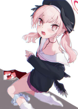1girl absurdres beret black_choker black_hat black_shirt black_wings blue_archive blue_bow blue_panties blush bow bow_panties censored choker collarbone commentary_request dutch_angle eyelashes feathered_wings foot_out_of_frame from_side furrowed_brow halo hand_up hat head_wings highres implied_masturbation kisaka kneeling koharu_(blue_archive) long_hair looking_at_viewer loose_socks low_wings lower_teeth_only miniskirt mosaic_censoring necktie no_shoes open_mouth panties panties_around_leg pink_eyes pink_hair pink_necktie pink_skirt pleated_skirt polka_dot polka_dot_panties red_halo sailor_collar school_uniform serafuku shirt simple_background single_bare_shoulder skirt sleeves_past_wrists slit_pupils socks solo surprised teeth twintails underwear white_background white_sailor_collar white_socks wings