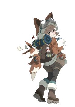 1girl animal_ears animal_hands animal_hat backpack bag black_pantyhose blue_gloves blue_socks boots brown_boots brown_eyes brown_fur brown_hair brown_hat brown_jacket brown_shorts cat_ears closed_eyes eevee eevee_tail fluffy full_body gen_1_pokemon gloves goggles goggles_on_headwear hat highres jacket kitto_ha looking_at_viewer nintendo open_mouth pantyhose pokemon pokemon_(creature) shorts simple_background socks standing white_background yellow_fur