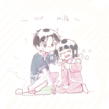 Rule 34 | > <, 1boy, 1girl, bandaid, bandaid on cheek, bandaid on face, barefoot, black hair, blue shirt, blue shorts, brother and sister, brown eyes, chibi, chibi only, city (arawi keiichi), commentary, commentary request, cup, english commentary, hand on another's shoulder, highres, kneeling, makabe matsuri, makabe tatewaku, milk, mug, pajamas, pink pajamas, qjrs4221, red sandals, sandals, shirt, short hair, shorts, siblings, simple background, steam, thumbs up, white background