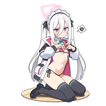 1girl bikini bikini_under_clothes black_shoes black_thighhighs blue_archive blush breasts closed_mouth grey_hair hair_between_eyes halo hatsunatsu heart heart_hands jacket kei_(blue_archive) kei_(student)_(blue_archive) loli long_hair long_sleeves looking_at_viewer maid_headdress micro_bikini navel on_floor open_clothes open_jacket pink_bikini puffy_long_sleeves puffy_sleeves purple_eyes shoes side-tie_bikini_bottom simple_background small_breasts small_sweatdrop solo spoken_squiggle squiggle sweat swimsuit thighhighs twintails v-shaped_eyebrows very_long_hair white_background white_jacket wooden_floor