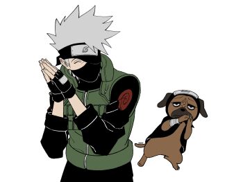 1boy artist_name black_gloves black_headband black_mask black_pantyhose black_shirt closed_eyes dog fingerless_gloves flak_jacket furrowed_brow gloves green_vest grey_hair hatake_kakashi headband headband_over_one_eye highres jacket konohagakure_shinobi_uniform konohagakure_symbol male_focus mask mouth_mask naruto_(series) own_hands_together pakkun_(naruto) pantyhose saarcheung shirt short_hair smile spiked_hair upper_body vest white_background