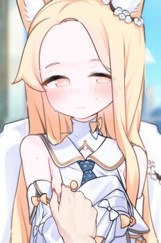 1boy 1girl absurdres animal_ear_fluff animal_ears bare_shoulders blonde_hair blue_archive blue_necktie blush bow breasts buttons closed_mouth detached_sleeves flower flower_hairband fox_ears grabbing_another&#039;s_breast groping hair_flower hair_ornament half-closed_eyes hand_on_another&#039;s_chest highres loli long_hair long_sleeves looking_at_viewer necktie off_shoulder pinching pov pov_hands puffy_long_sleeves puffy_sleeves ribbon seia_(blue_archive) sharp_to_sharp sideboob sideboob_cutout sleeve_bow sleeves_past_fingers sleeves_past_wrists small_breasts standing sweat sweatdrop very_long_hair white_bow white_sleeves yellow_bow yellow_eyes