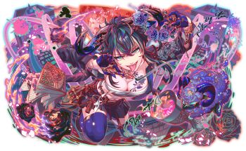 1girl 1other ankle_boots aqua_eyes black_flower black_footwear black_garter_straps black_hair black_jacket black_rose black_skirt black_sleeves blue_fur blue_sleeves blue_thighhighs book boots breast_tattoo breasts brick_road brick_wall cel_shading character_request crash_fever cup drinking_glass fangs fire floral_print flower full_body game_cg garter_straps goat goat_horns horns jacket large_breasts leg_up light_particles looking_at_viewer midriff navel official_art outline pages petals pleated_skirt red_outline rose rose_print sarashi saturated skirt solo_focus tachi-e tattoo teeth thighhighs tongue tongue_out transparent_background wine_glass zipper zipper_pull_tab