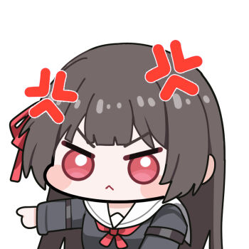 1girl :&lt; anger_vein black_hair black_shirt chisa_(wuthering_waves) commentary long_hair long_sleeves looking_at_viewer pointing pointing_to_the_side red_eyes sailor_collar shirt simple_background solo symbol-only_commentary twomoon v-shaped_eyebrows white_background white_sailor_collar wuthering_waves