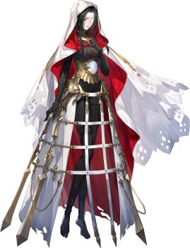1girl absurdres armored_corset bandage_over_one_eye black_bodysuit black_hair blue_eyes bodysuit cloak credenza_(sword_of_convallaria) crinoline curtained_hair hand_on_own_chest highres hood hood_up hooded_cloak long_hair non-web_source official_art parted_hair red_cloak solo sword_of_convallaria two-sided_cloak two-sided_fabric white_cloak