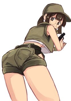 Rule 34 | ass, belt, bent over, brown eyes, brown hair, crop top, field cap, fio germi, glasses, gun, hat, highres, holding, holding gun, holding weapon, looking back, metal slug, military, ponytail, round eyewear, shorts, solo, thighs, tikuwabu 33, weapon, white background