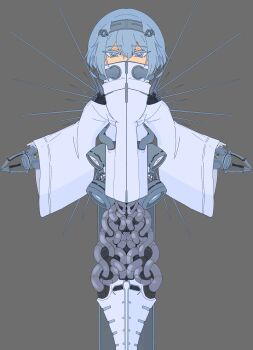 1boy absurdres blue_eyes blue_hair breathing_tube clawed_hands covered_mouth cyborg gaussia_(the_citadel) grey_background hair_between_eyes hairband heaven_s_eve highres jet_engine machinery mechanical_arms mechanical_hands mechanical_wings robe short_hair simple_background the_citadel tube turtleneck white_robe wings