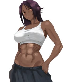 1girl abs bare_shoulders bleach breasts collarbone crop_top dark-skinned_female dark_skin female_focus highres large_breasts navel pants parted_bangs purple_hair shihouin_yoruichi shisoa simple_background stomach toned toned_female white_background yellow_eyes