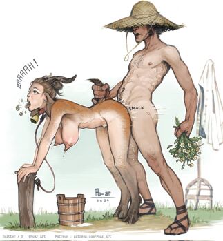 1boy 1girl bell bent_over body_fur breasts brown_hair bucket collar cowbell furry furry_female goat_girl goat_legs goat_tail hat hetero highres horns lactation large_breasts leash nipples original outdoors po-ar realistic sex slave straw_hat tail tail_grab wooden_bucket