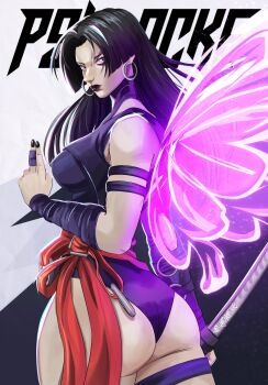 1girl ass black_hair butterfly_wings character_name commentary english_commentary highleg highleg_leotard highres holding holding_sword holding_weapon insect_wings jellycaaakes leotard long_hair looking_at_viewer marvel marvel_rivals psylocke psylocke_(vengeance) purple_eyes purple_leotard red_sash sash superhero_costume sword waist_sash weapon wings x-men