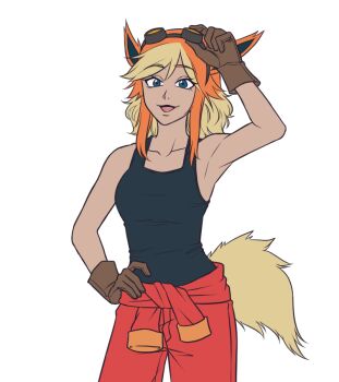 1girl animal_ears armpits black_tank_top blacksmith blue_eyes breasts brown_gloves brown_hair commentary cowboy_shot english_commentary flareon gen_1_pokemon gloves goggles goggles_on_head hand_on_own_hip jumpsuit jumpsuit_around_waist kirby_otaku looking_at_viewer medium_breasts multicolored_hair nintendo open_mouth orange_hair personification pokemon red_jumpsuit simple_background solo tail tank_top transparent_background two-tone_hair