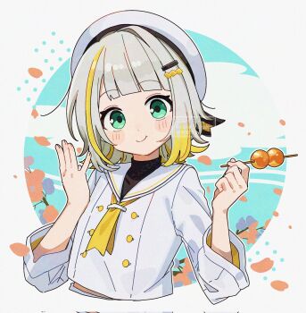 1girl a.i._voice blonde_hair blunt_bangs blush_stickers border closed_mouth commentary_request corn_kuten cropped_torso dango food grey_hair hands_up hat highres holding holding_food long_sleeves looking_at_viewer multicolored_hair necktie outline outside_border round_border sailor_collar shirt smile solo streaked_hair tsunose_kotone tsunose_kotone_(tsubomi) two-tone_hair wagashi watermark white_border white_hat white_outline white_sailor_collar white_shirt yellow_necktie