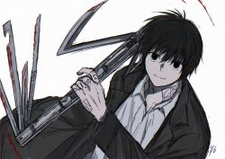 Rule 34 | 1boy, arm tattoo, black hair, black suit, blood, blood on clothes, bloody weapon, collared shirt, elaborate weapon, finger tattoo, formal, hand tattoo, highres, holding, holding sword, holding weapon, nagumo (sakamoto days), number tattoo, rokuen skd, sakamoto days, shirt, suit, swiss army knife, sword, tattoo, weapon, white shirt