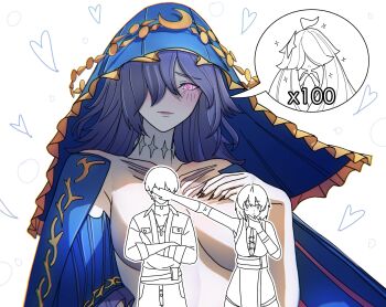 1boy 2girls blood blue_veil blush breasts censored character_censor closed_mouth colored_skin commentary dorahdew english_commentary female_rover_(wuthering_waves) fingernails grey_skin hair_over_one_eye hand_on_own_chest heart heart-shaped_pupils highres large_breasts long_fingernails long_hair looking_at_viewer lorelei_(wuthering_waves) male_rover_(wuthering_waves) multiple_girls nimbus_wraith_(wuthering_waves) nosebleed novelty_censor paid_reward_available pink_eyes pink_pupils purple_hair purple_nails rover_(wuthering_waves) sharp_fingernails simple_background symbol-shaped_pupils tacet_discord_(wuthering_waves) topless_female upper_body veil white_background wuthering_waves