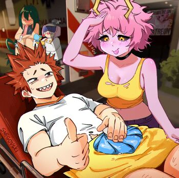 &gt;_&lt; 1boy 3girls artist_name ashido_mina asui_tsuyu bandages bed black_choker black_sclera blush boku_no_hero_academia breasts choker cleavage collarbone colored_sclera colored_skin commentary cosmetics english_commentary flying_sweatdrops green_hair highres holding holding_lipstick_tube horns hospital_bed ice_pack kirishima_eijiro large_breasts lipstick_tube long_hair long_tongue looking_at_another lying multiple_girls navel old old_woman on_back open_mouth pink_hair pink_skin recovery_girl sharp_teeth shirt smile snegovski tank_top teeth thumbs_up tongue tongue_out torn_clothes white_shirt yellow_eyes yellow_tank_top