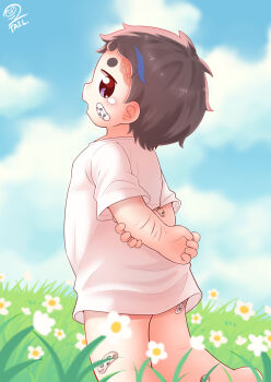 1boy blue_hair brown_eyes brown_hair field flower flower_field highres legs multicolored_hair plaster shirt shota solo solo_focus t-shirt thighs xiao_weiba