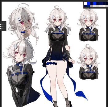 ahoge ankle_socks breasts choker cleavage flower hair_between_eyes hair_flower hair_ornament highres long_sleeves mole mole_under_eye multiple_views original penis_shadow red_eyes rosem_lin see-through_clothes socks thick_thighs thigh_strap thighs white_background white_hair