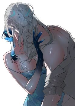 1boy 1girl aalto_(wuthering_waves) blue_dress blue_hair blue_nails breasts collarbone colored_extremities commentary_request dress galbrena_(wuthering_waves) grey_hair grey_shirt hand_on_another&#039;s_shoulder hetero highres kiss large_breasts russian_commentary sanya_(sanya_lox228) shirt shirt_partially_removed simple_background white_background wuthering_waves