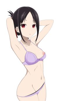 1girl :o arms_behind_head arms_up black_hair bra breasts coro_fae dot_nose folded_ponytail groin highres kaguya-sama_wa_kokurasetai_~tensai-tachi_no_renai_zunousen~ navel nipple_slip nipples panties panty_pull parted_lips purple_bra purple_panties red_eyes shinomiya_kaguya simple_background small_breasts solo stomach underwear underwear_only white_background