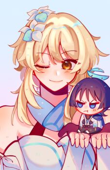 1boy 1girl alphastroo black_bodysuit black_bow black_gloves black_hair black_shorts blonde_hair blue_cape blue_eyes blue_flower blue_kimono blue_scarf blue_trim blunt_ends blush bodysuit bow cape cheek_bulge choppy_bangs closed_mouth detached_sleeves dress flower frown furisode genshin_impact gloves hair_between_eyes hair_flower hair_ornament halterneck highres japanese_clothes juban kimono looking_at_another looking_at_viewer lumine_(genshin_impact) mini_person miniboy multicolored_flower one_eye_closed partially_fingerless_gloves purple_sash sash scaramouche_(genshin_impact) scarf short_hair short_hair_with_long_locks shorts sidelocks smile v-shaped_eyebrows wanderer_(genshin_impact) white_background white_dress white_flower white_kimono white_scarf white_sleeves white_trim yellow_eyes