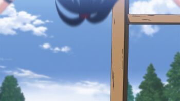 1girl animated animated_gif bandages blue_hair bouncing_breasts breasts cleavage hanging highres hoods_entertainment japanese_clothes kimono large_breasts manyuu_chifusa manyuu_hikenchou sarashi takagi_jun upside-down yellow_eyes yukata