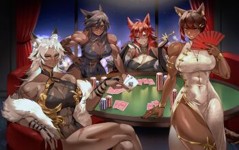 4girls abs absurdres animal_ears arm_rest arm_tattoo bare_arms bare_shoulders biceps black_dress black_hair black_sclera breasts card cat_ears cat_girl chinese_clothes cleavage cleavage_cutout clothing_cutout collar colored_sclera commentary covered_abs curtains dark-skinned_female dark_skin deltoids dragon_tattoo dress earrings english_commentary fanning_self floral_print fur_trim glasses gold_trim hair_ornament hairpin hand_on_own_hip highres holding holding_card holding_smoking_pipe jewelry kazuya_(kozun) large_breasts leaning leaning_forward long_hair looking_at_viewer multicolored_hair multiple_girls muscular muscular_female night nighty_(kazuya) original playing_card poker_table purple_eyes purple_streaks red_eyes red_hair scar scar_across_eye scar_on_breasts scar_on_face scar_on_shoulder short_hair silver_(shipsinfloat) sitting sky smile smoking_pipe star_(sky) starry_sky streaked_hair table tattoo thick_thighs thighs vivian_grimelka_(siverstorm) white_dress white_hair window wolf_ears wolf_girl