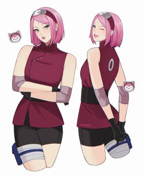 >_o 1girl :3 animal_sticker animalization artist_name bandaged_leg bandages bike_shorts black_gloves bob_cut chibi chibi_inset commentary cropped_legs crossed_legs elbow_sleeve english_commentary facial_mark forehead_mark from_behind gloves green_eyes haruno_sakura head_tilt headband highres konohagakure_symbol looking_at_viewer mandarin_collar naruto_(series) naruto_shippuuden one_eye_closed parted_lips person_and_animalization pink_hair red_headband red_shirt shirt sideways_glance sleeveless sleeveless_shirt smile straight_hair teeth tenartistt watermark watson_cross white_background