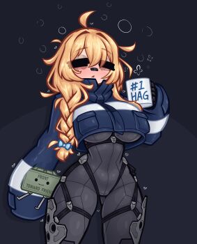 1girl =_= ahoge black_background black_gloves blonde_hair blue_jacket blush bodysuit bow braid breasts claymore_(mine) coffee_mug cowboy_shot cropped_jacket cup explosive gloves grey_bodysuit hair_bow highres indie_virtual_youtuber jacket large_breasts limebreaker long_sleeves messy_hair mine_(weapon) mug single_braid single_sleeve_past_fingers sleepy strap virtual_youtuber whiskey_project