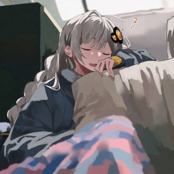1girl black_jacket blurry blurry_background braid closed_eyes commentary_request depth_of_field facing_viewer grey_hair hair_ornament highres indoors jacket kizuna_akari lamb_(hitsujiniku) long_hair long_sleeves open_mouth puffy_long_sleeves puffy_sleeves sleeping sleeping_upright solo very_long_hair voiceroid zzz