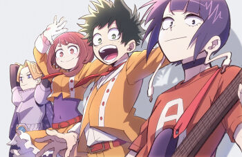 2boys 2girls :d akiyama_(noconoco) aoyama_yuuga armor belt belt_buckle black_choker blonde_hair blunt_bangs blush blush_stickers boku_no_hero_academia brown_eyes brown_hair buckle buttons cape choker closed_mouth commentary_request covered_navel cropped_jacket electric_guitar eyelashes freckles frilled_skirt frills green_eyes green_hair grey_background guitar holding holding_instrument instrument jacket jiro_kyoka long_earlobes long_sleeves looking_at_viewer medium_hair midoriya_izuku multiple_boys multiple_girls necktie open_mouth orange_jacket orange_skirt parted_bangs purple_cape purple_eyes purple_hair red_belt red_necktie red_shirt round_teeth shirt short_eyebrows short_hair short_sleeves simple_background skirt smile t-shirt teeth tongue uraraka_ochako v-shaped_eyebrows white_shirt