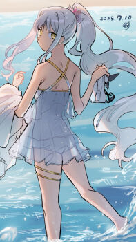 1girl ass bare_legs bare_shoulders beach caren_hortensia caren_hortensia_(comiket_104) dated expressionless fate/grand_order fate_(series) floating_hair foot_out_of_frame from_behind highres holding holding_shirt holding_shoes holding_unworn_clothes long_hair long_sidelocks looking_back noko_morokoshi ocean one-piece_swimsuit parted_bangs ponytail shirt shoes sidelocks solo splashing swimsuit swimsuit_cover-up thighs unworn_shirt unworn_shoes wading wavy_hair white_hair white_one-piece_swimsuit yellow_eyes