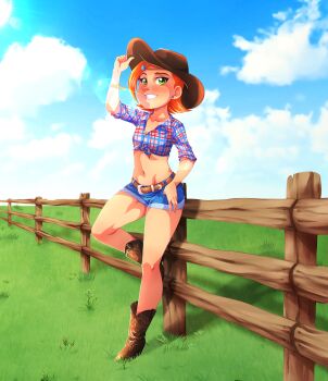 1girl absurdres adjusting_clothes adjusting_headwear against_fence belt belt_buckle ben_10 blue_shorts blush boots brown_footwear brown_headwear buckle cloud collarbone commission cowboy_hat denim denim_shorts ear_piercing farm fence full_body grass green_eyes gwen_tennyson hair_ornament hairclip hat highres lens_flare loli midriff mouth_hold navel orange_hair outdoors piercing plaid_clothes plaid_shirt shirt short_hair short_shorts shorts sky smile standing standing_on_one_leg straw sunlight teeth thighs tlacuicani wooden_fence