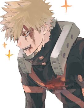 1boy bakugou_katsuki blonde_hair blood blood_on_face boku_no_hero_academia commentary dmdtmt99 highres male_focus open_mouth red_eyes short_hair sideburns simple_background solo spiked_hair superhero_costume symbol-only_commentary teeth torn_clothes upper_body white_background