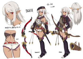 1girl a_rank_party_o_ridatsu_shita_ore_wa_moto_oshiego-tachi_to_meikyuu_shinbu_o_mezasu arrow_(projectile) ass belt beret black_boots black_gloves black_hat boots bow_(weapon) character_name commentary_request covered_navel dark-skinned_female dark_elf dark_skin elbow_gloves elf english_text gloves grey_hair hat height highres holding holding_bow_(weapon) holding_weapon long_sleeves multiple_views pointy_ears purple_scarf quiver red_belt red_eyes reference_sheet scarf shorts silk_amberwood super_zombie thigh_boots translation_request weapon white_gloves white_shorts