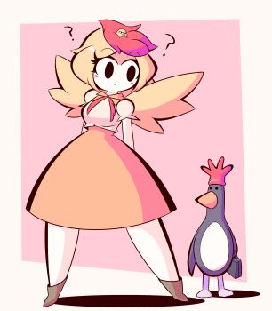 1boy 1girl ? ?? absurdres bird blonde_hair commentary_request dress feathers_mcgraw gloves highres neck_ribbon niwatari_kutaka orange_dress penguin puffy_short_sleeves puffy_sleeves red_gloves red_hair red_ribbon ribbon shirt short_hair short_sleeves touhou wallace_&amp;_gromit white_shirt woah_maaan